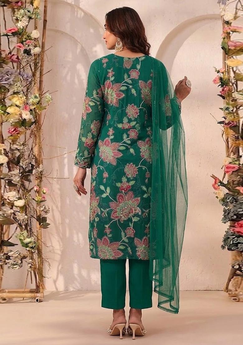 Green Printed Organza Kurta Set - Indya