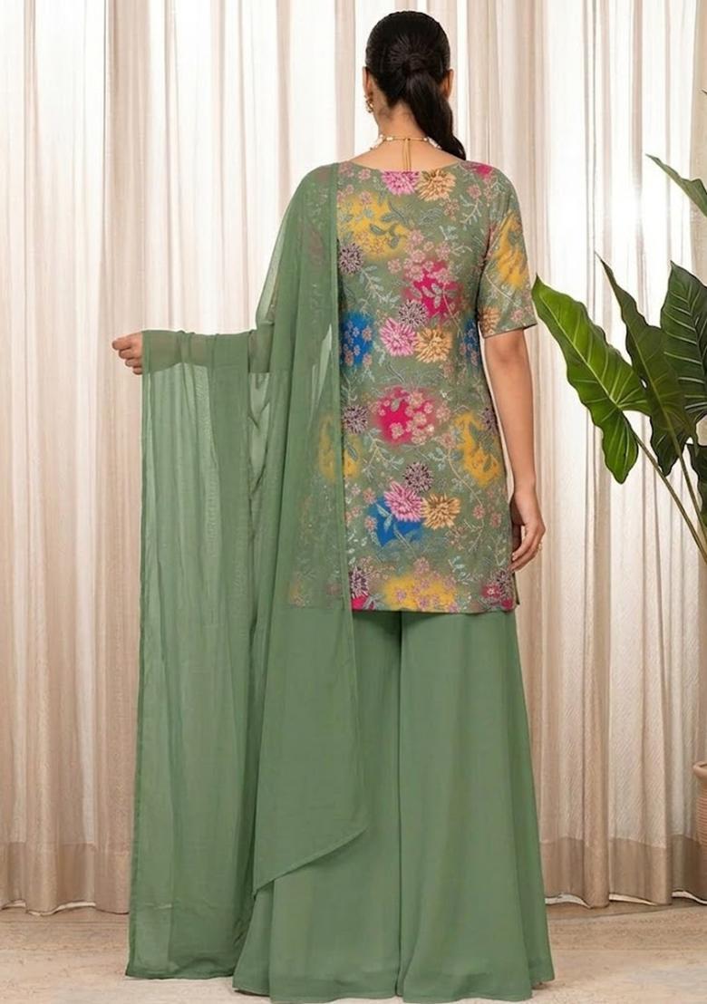 Sage Green Printed Crepe Sharara Set - Indya