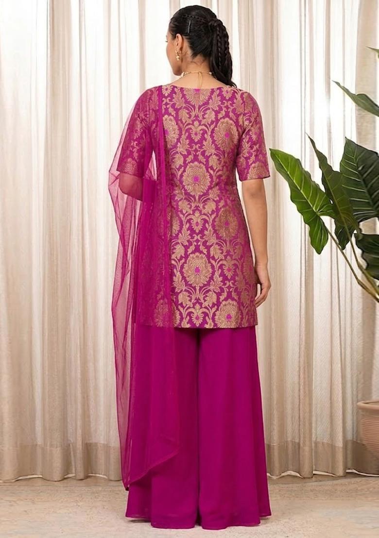 Magenta Pink Embroidered Silk Blend Sharara Set - Indya