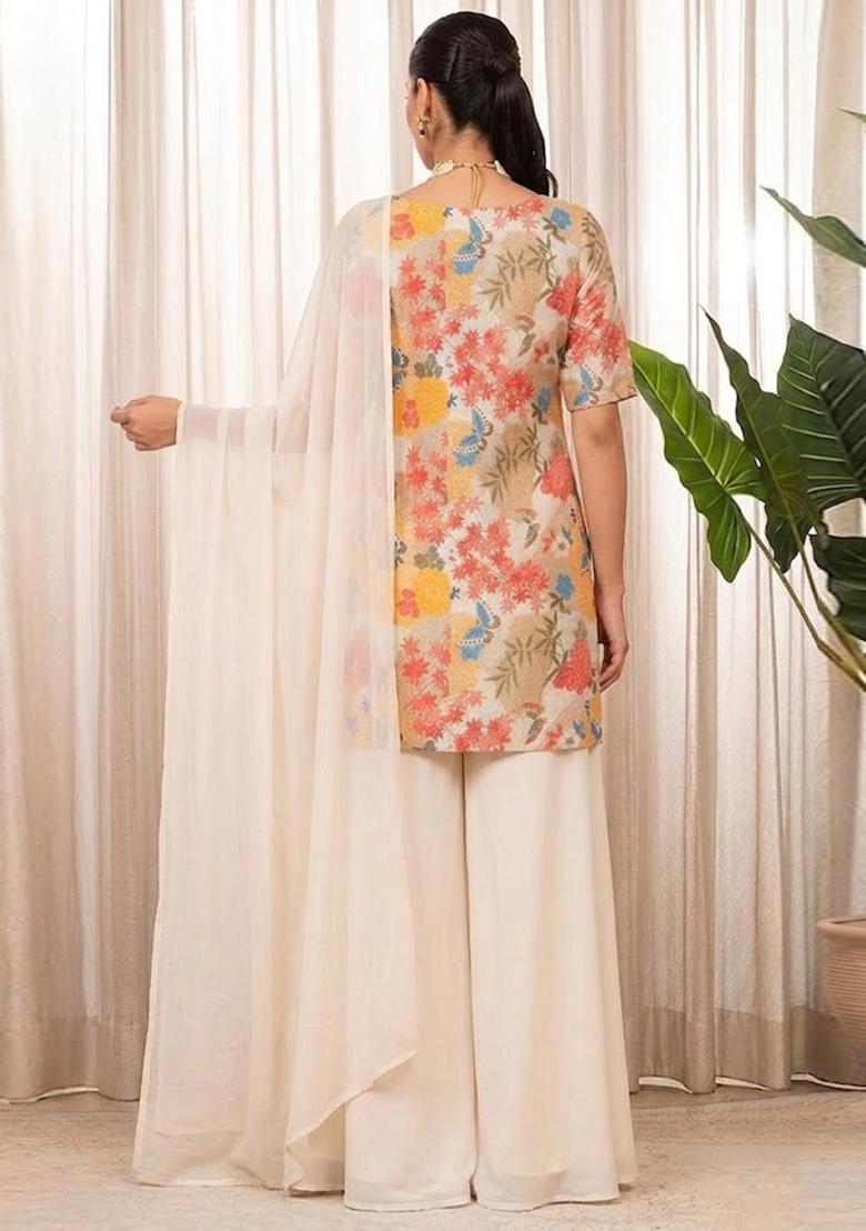 Off-White Printed Chanderi Sharara Set - Indya