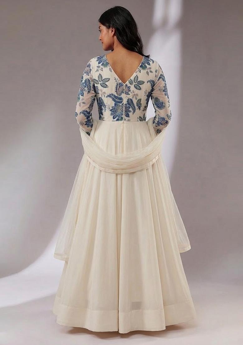 White Printed Organza Kurta Set - Indya