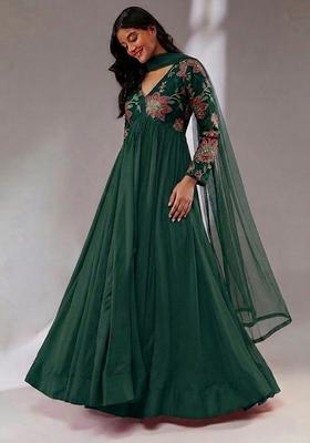 Forest Green Printed Organza Kurta Set