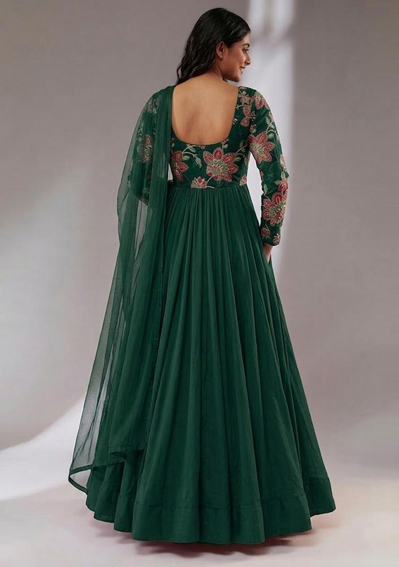 Forest Green Printed Organza Kurta Set - Indya