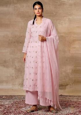 Light Pink Embroidered Chanderi Kurta Set