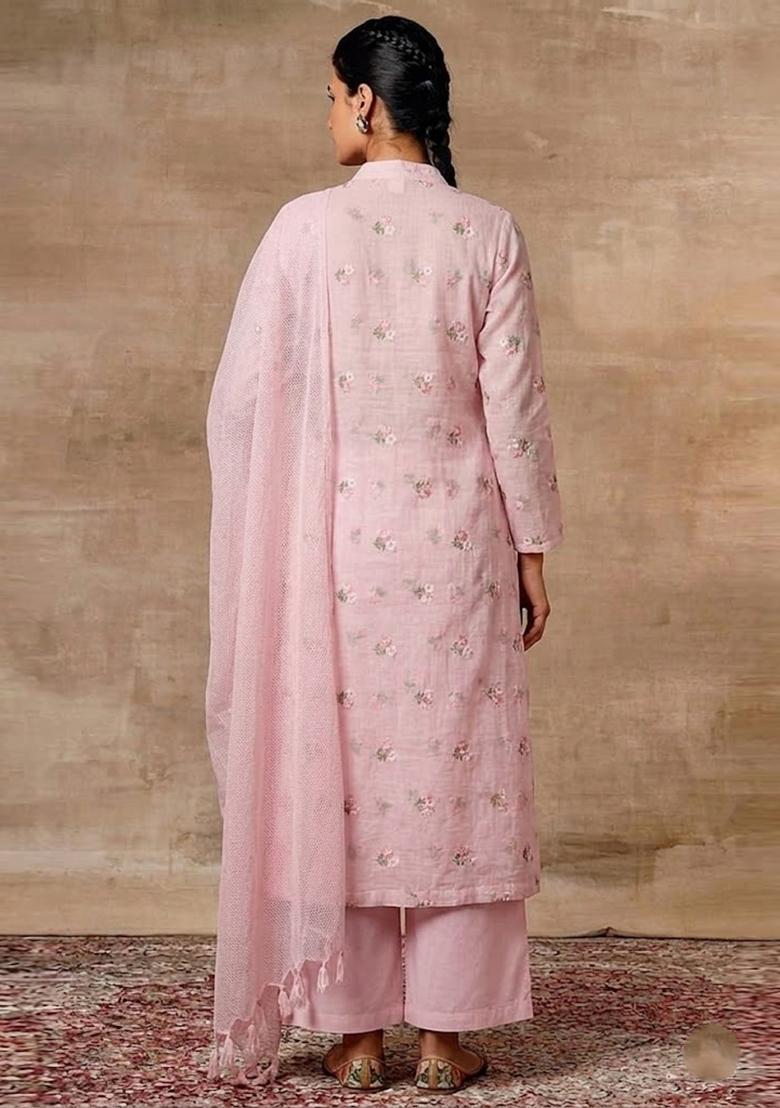 Light Pink Embroidered Chanderi Kurta Set - Indya