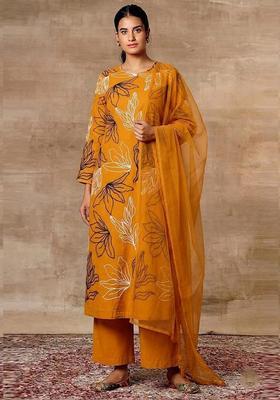 Mustard Yellow Embroidered Chanderi Kurta Set