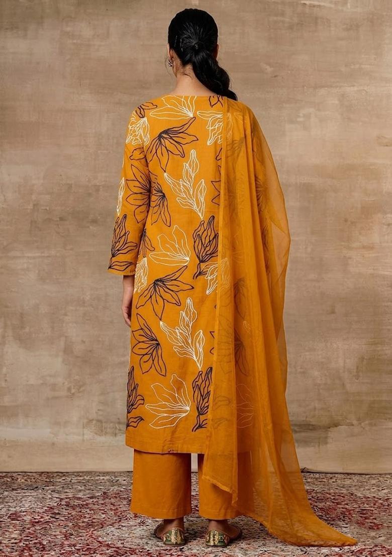 Mustard Yellow Embroidered Chanderi Kurta Set - Indya
