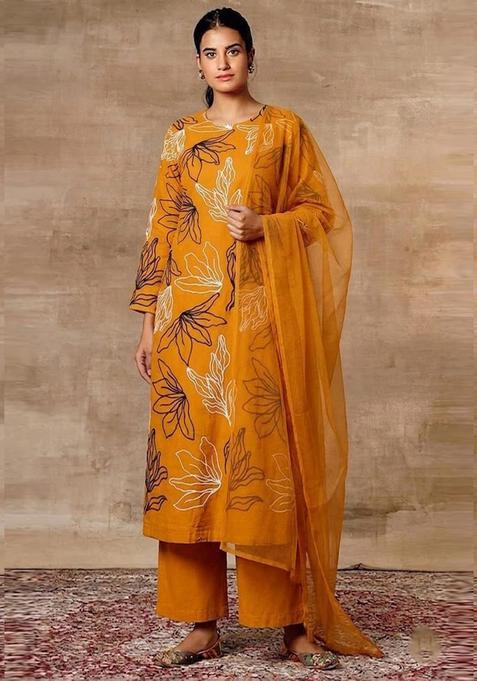 Mustard Yellow Embroidered Chanderi Kurta Set