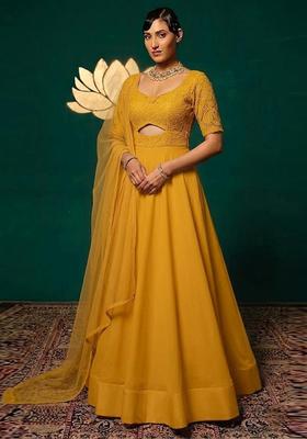 Mustard Yellow Embroidered Crepe Lehenga Set