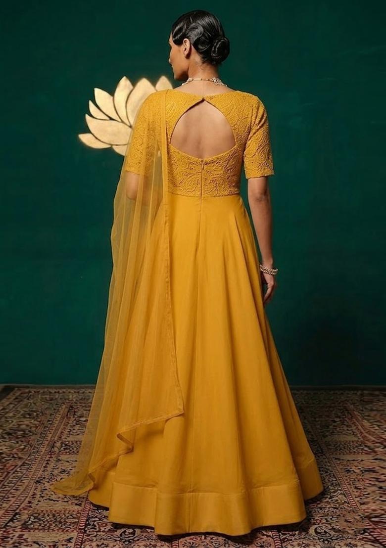 Mustard Yellow Embroidered Crepe Lehenga Set - Indya