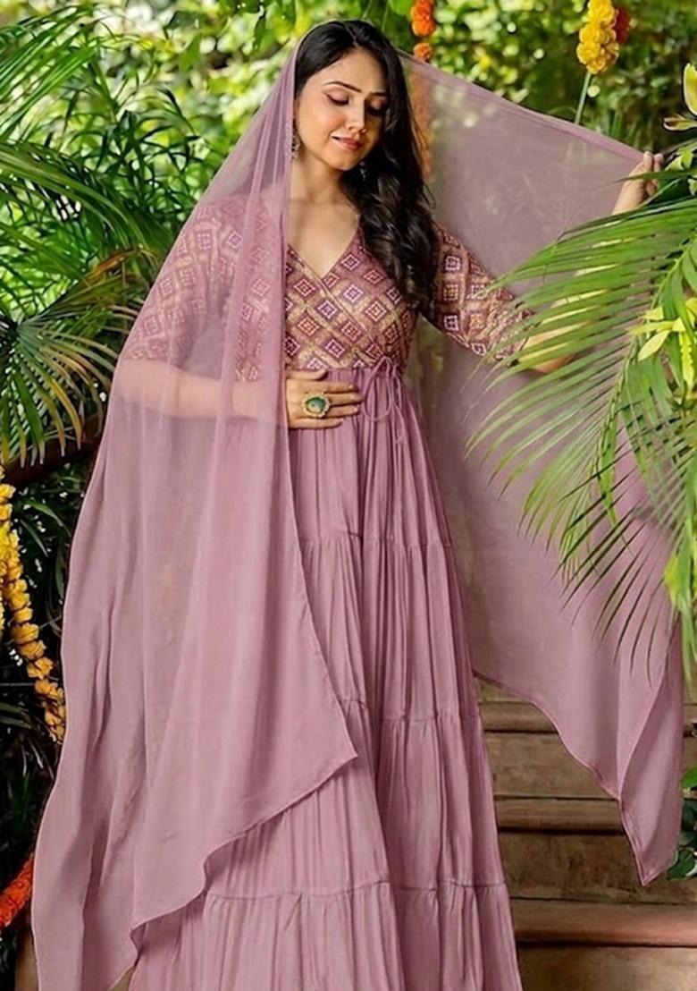 Dusty Mauve Georgette Anarkali with Dupatta - Indya