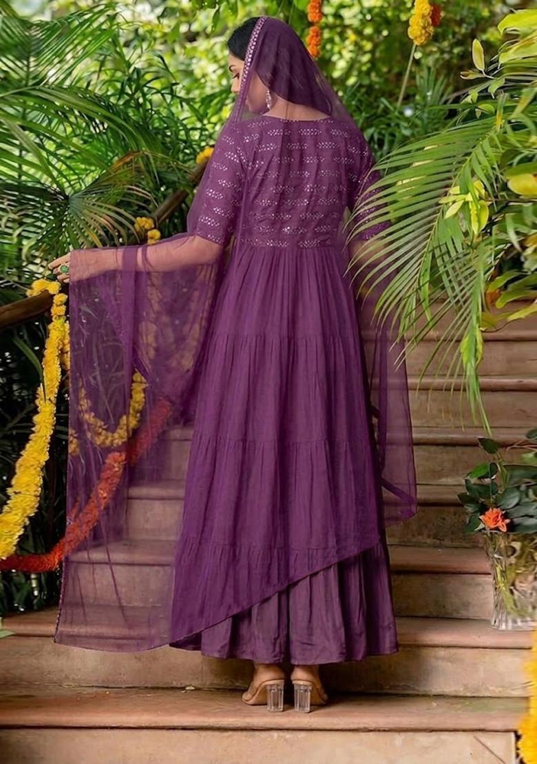 Wine Sequin Silk Blend Anarkali with Dupatta - Indya