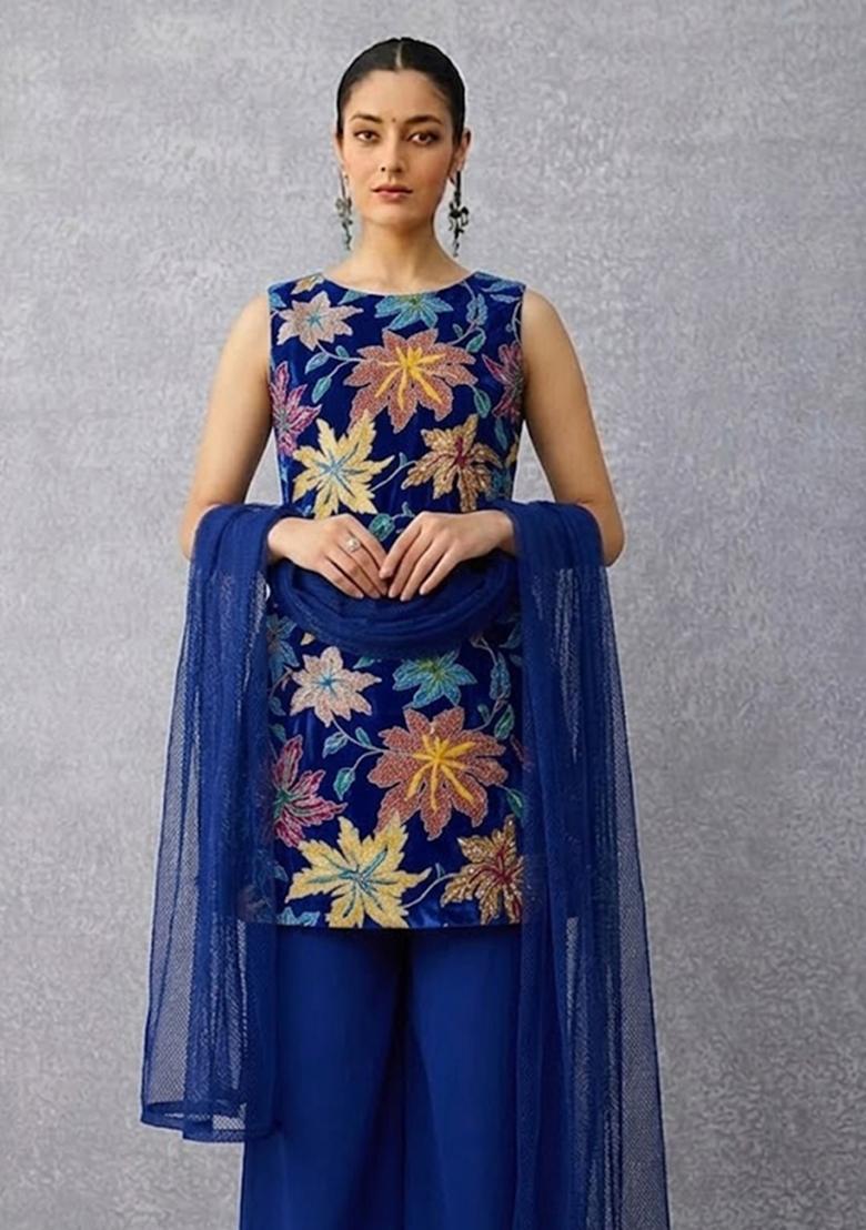 Royal Blue Printed Crepe Kurta Set - Indya