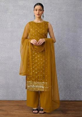 Mustard Yellow Sequin Embroidery Net Kurta Set