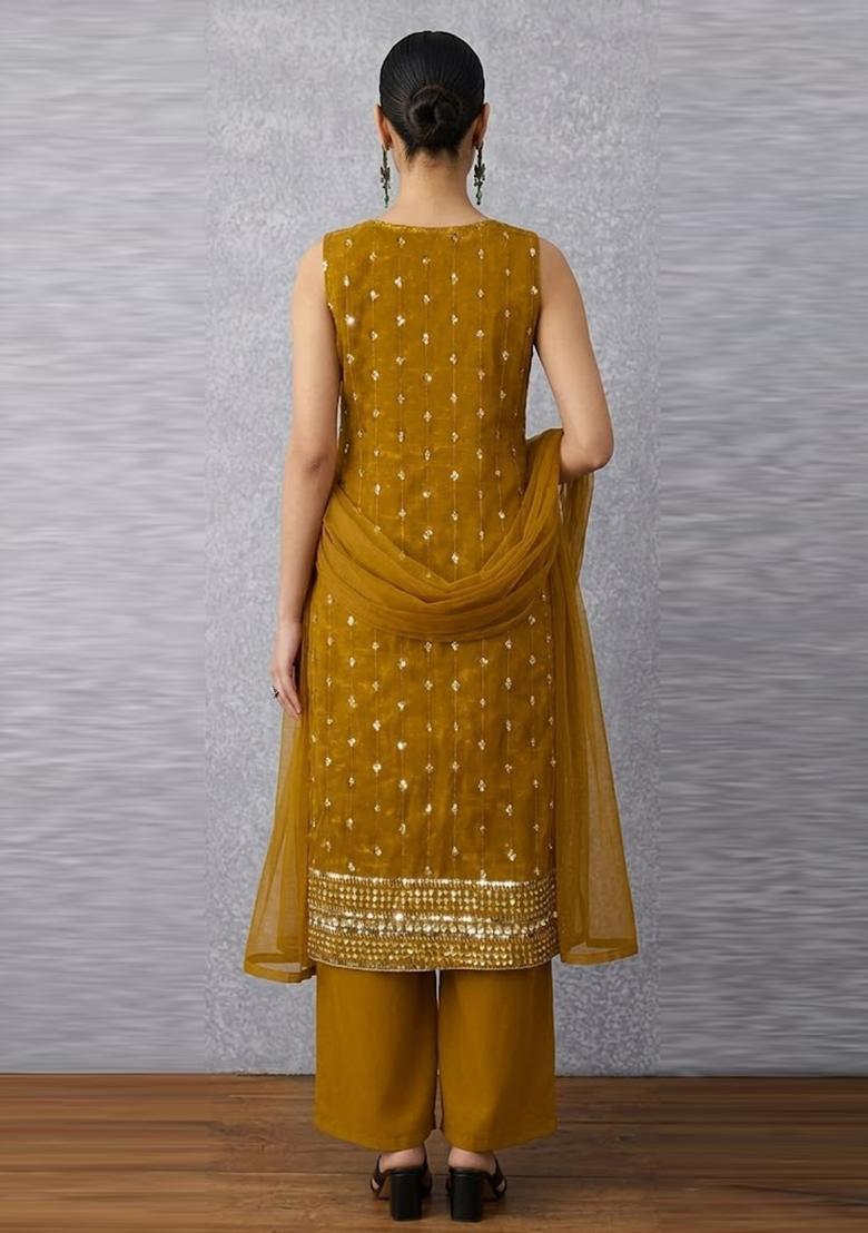 Mustard Yellow Sequin Embroidery Net Kurta Set - Indya