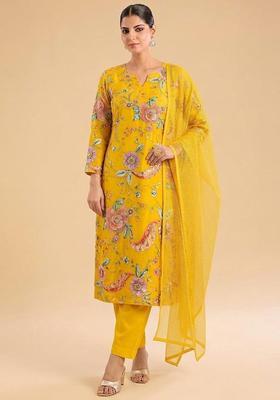 Yellow Printed Crepe Kurta Set