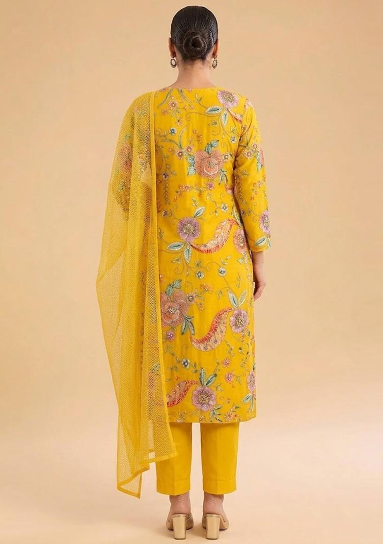 Yellow Printed Crepe Kurta Set - Indya