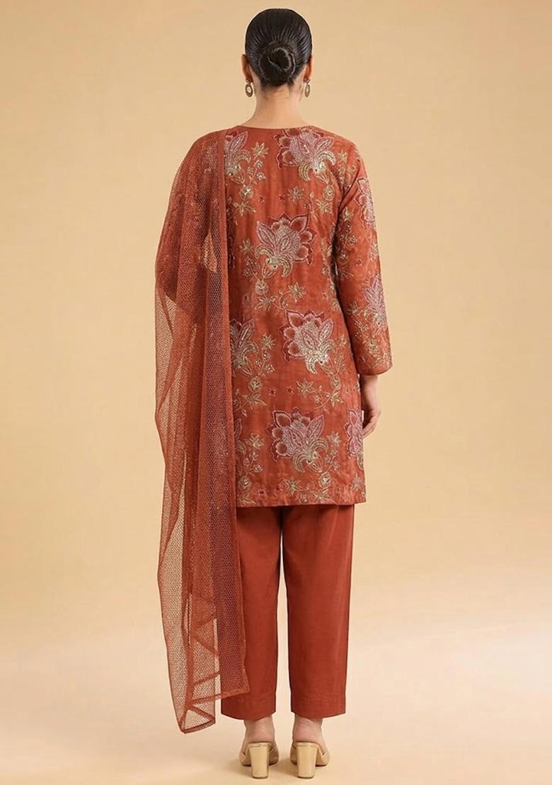 Rust Sequin Organza Kurta Set - Indya
