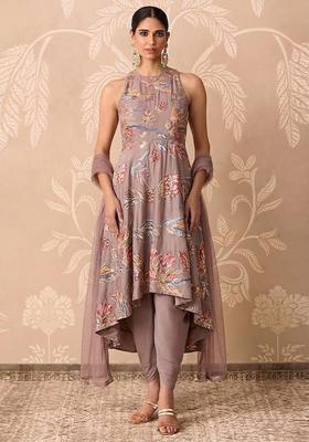 Taupe Brown Printed Crepe Kurta Set