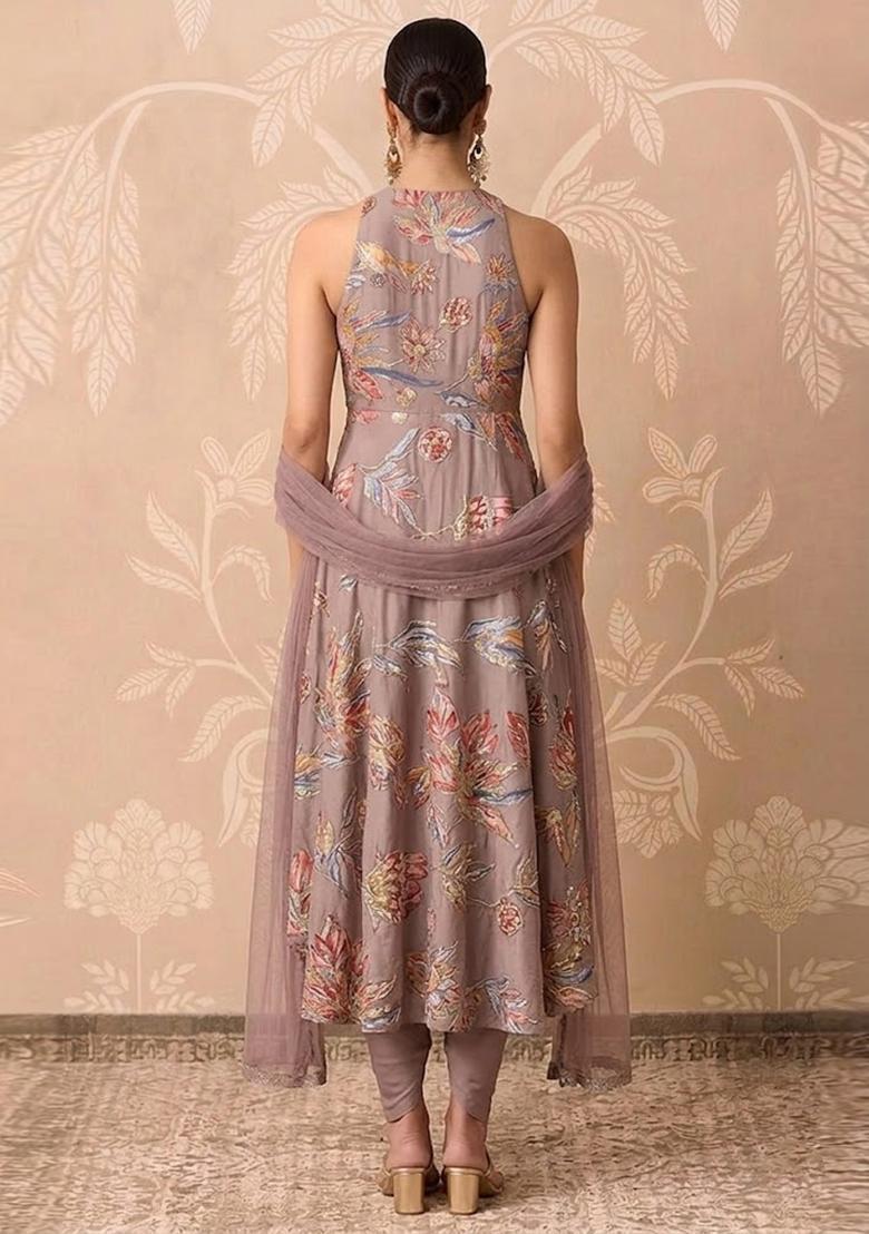 Taupe Brown Printed Crepe Kurta Set - Indya