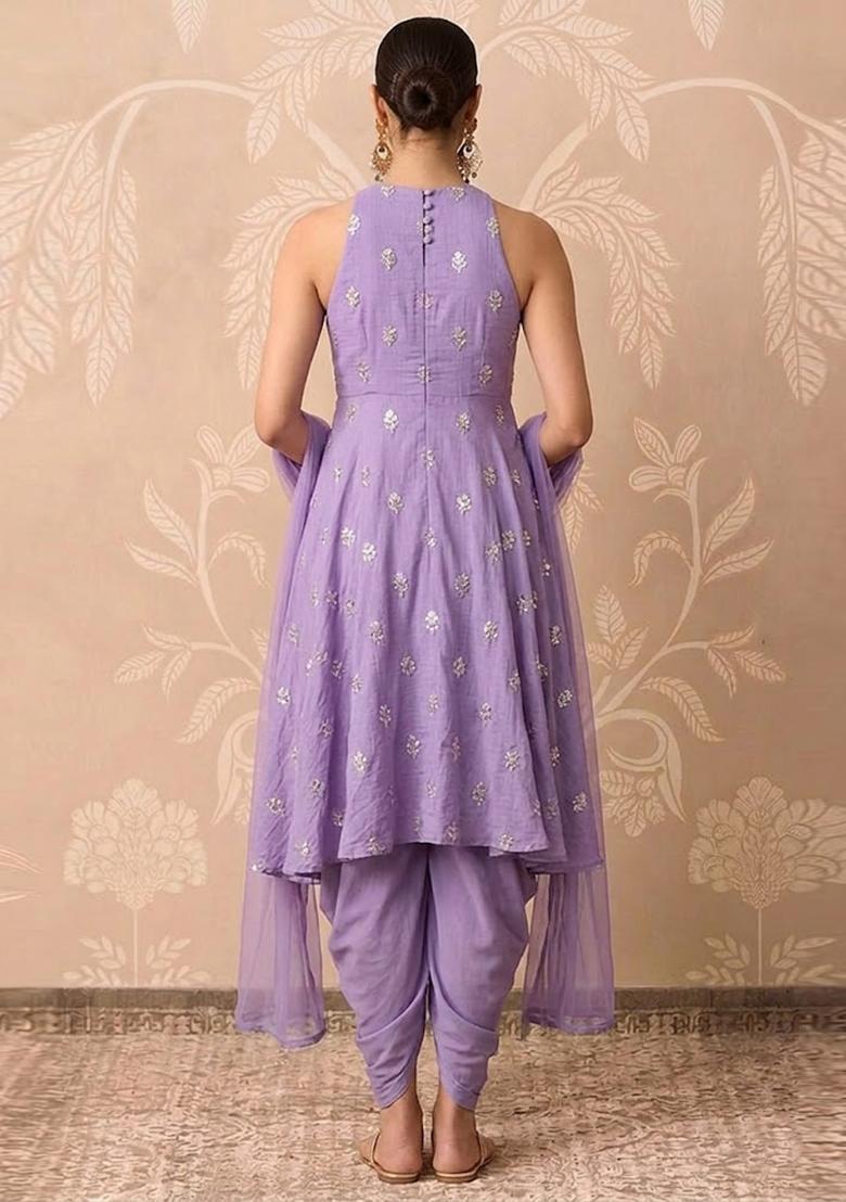 Lavender Purple Embroidered Chanderi Kurta Set - Indya