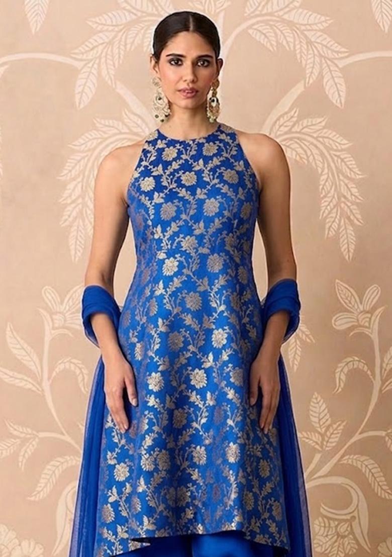 Royal Blue Embroidered Silk Blend Kurta Set - Indya