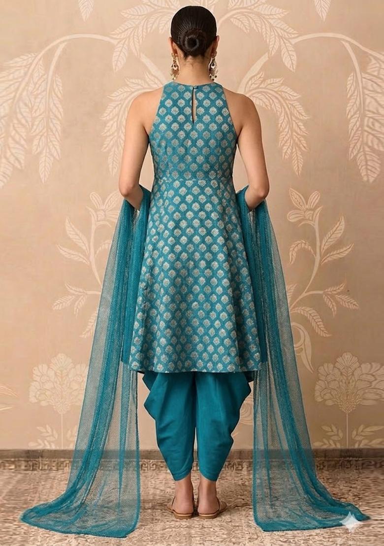 Blue Embroidered Silk Blend Kurta Set - Indya