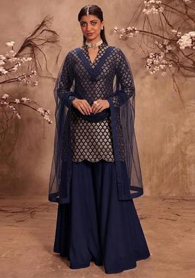 Navy Embroidered Silk Blend Sharara Set