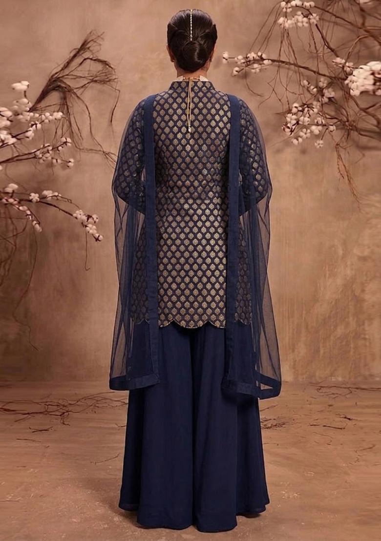 Navy Embroidered Silk Blend Sharara Set - Indya