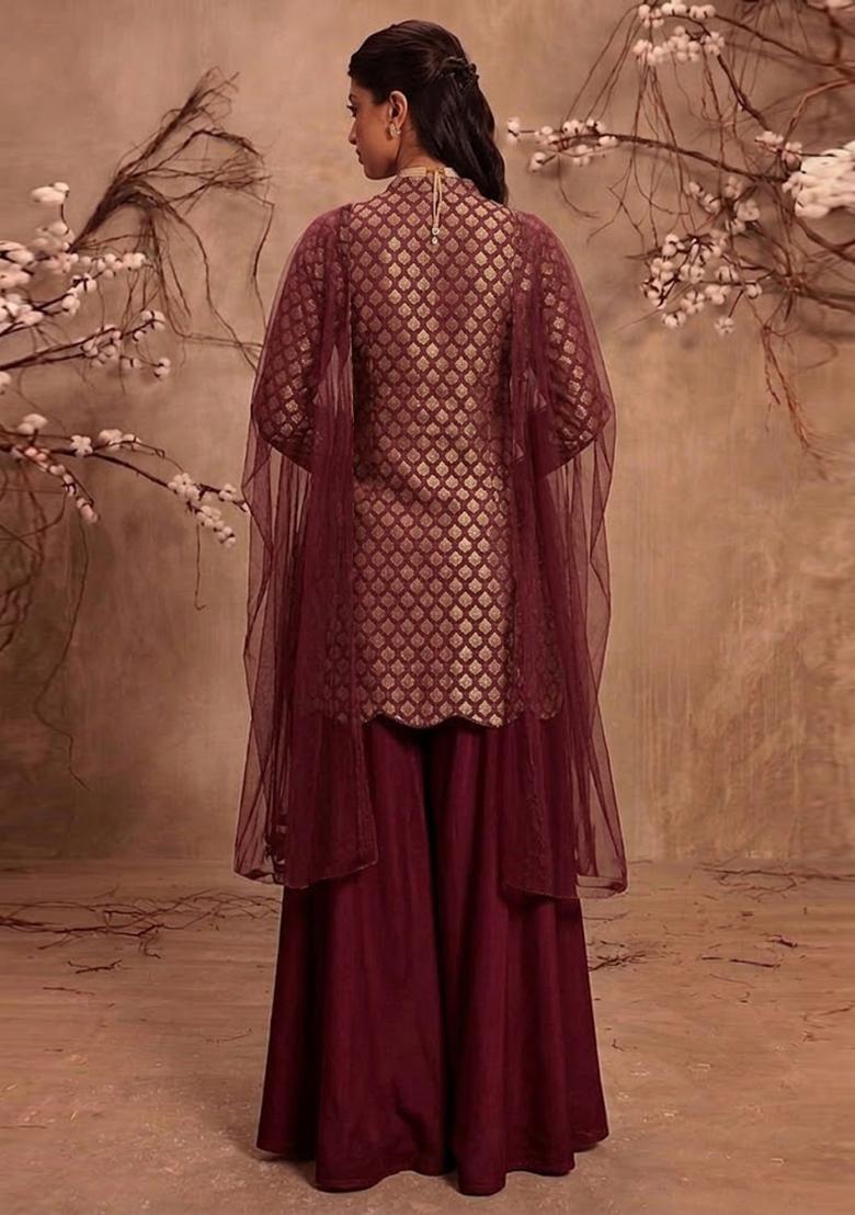 Maroon Red Embroidered Silk Blend Sharara Set - Indya