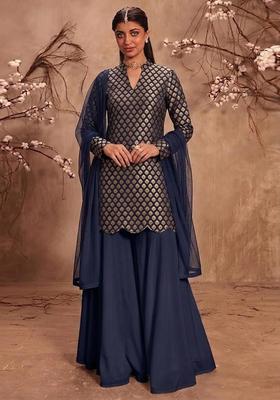 Navy Blue Embroidered Silk Blend Sharara Set