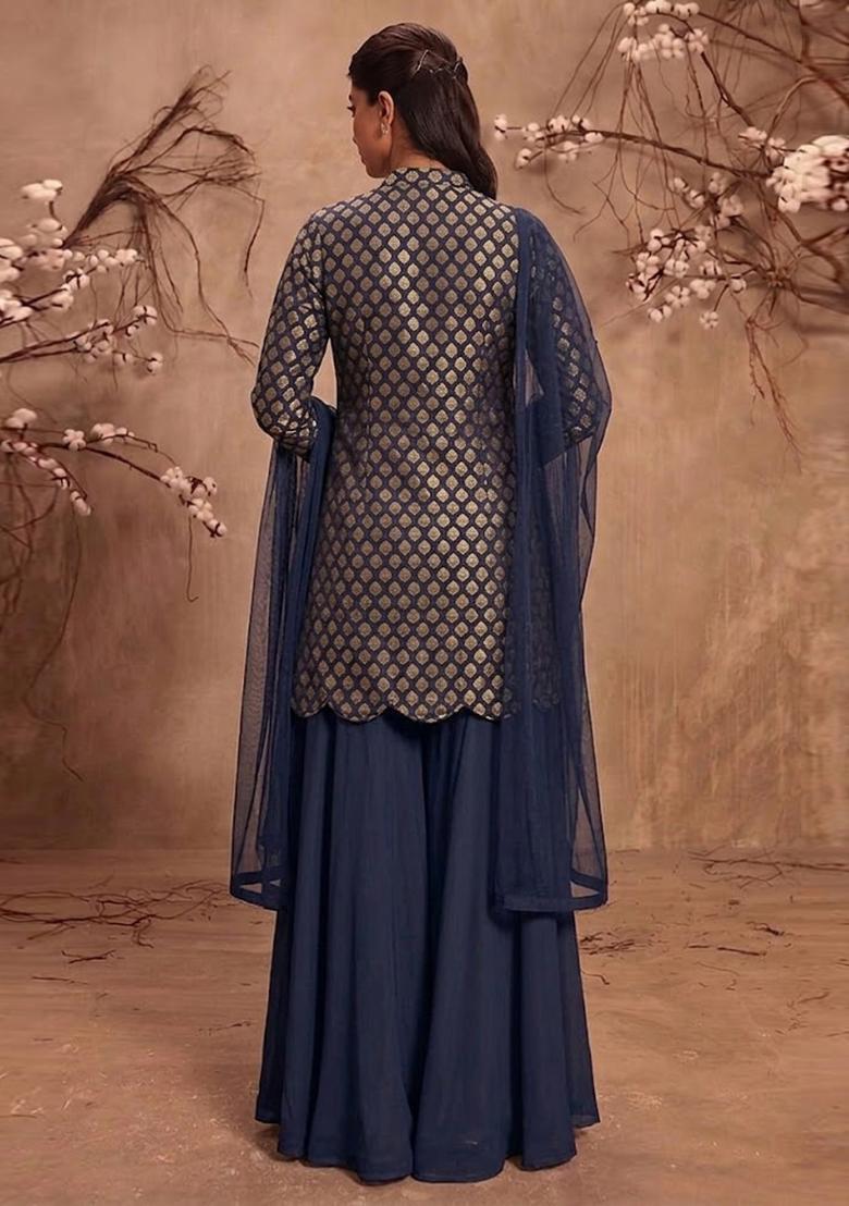 Navy Blue Embroidered Silk Blend Sharara Set - Indya