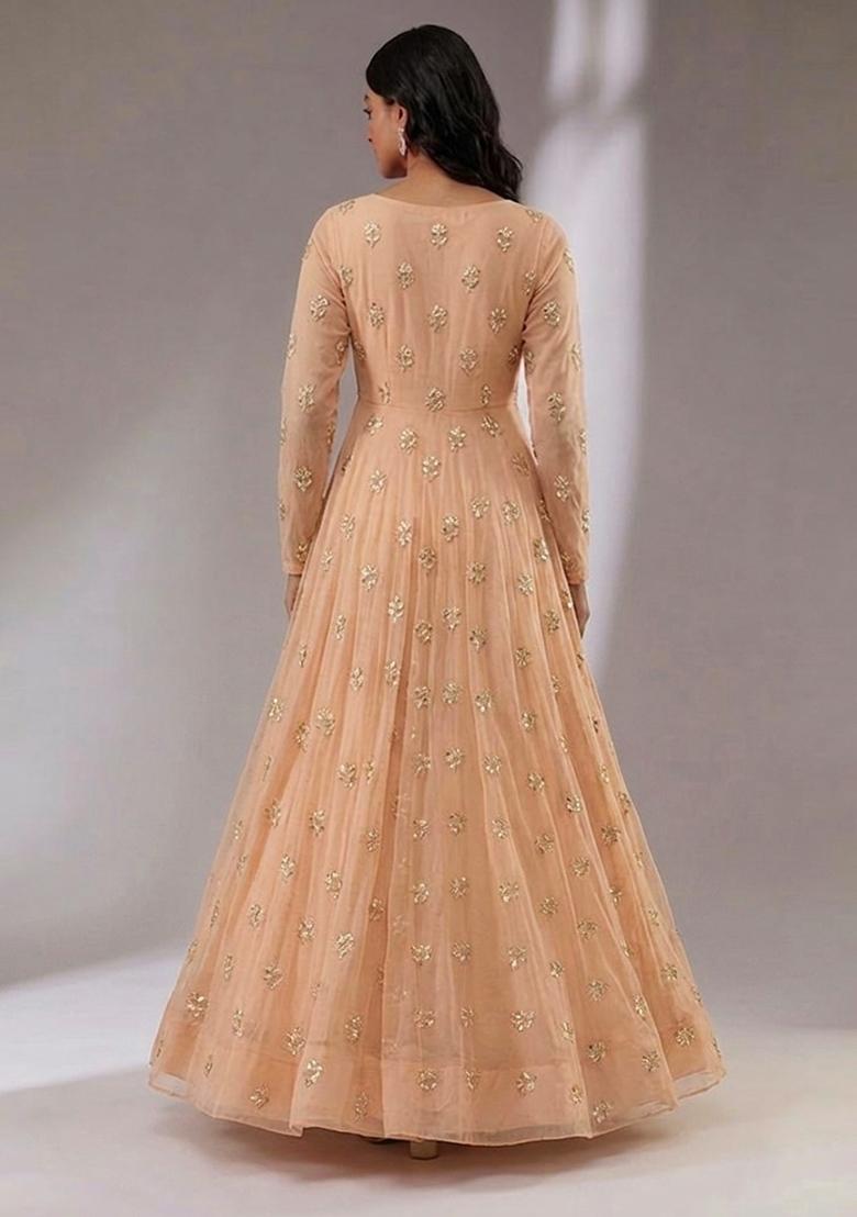 Coral Pink Embroidered Chanderi Anarkali with Dupatta - Indya