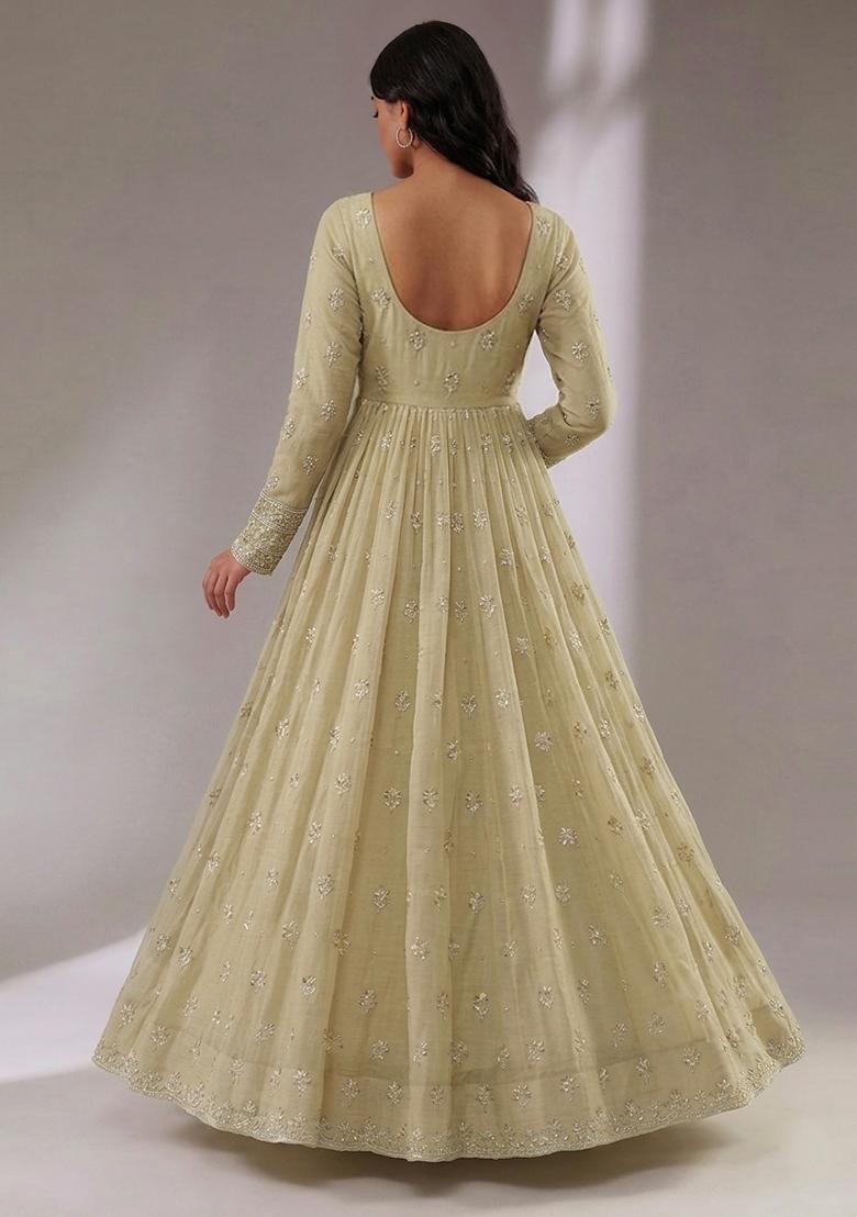 Beige Embroidered Chanderi Anarkali with Dupatta - Indya