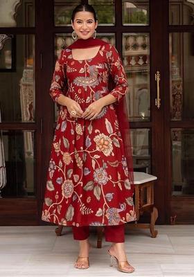 Maroon Printed Silk Blend Kurta Set