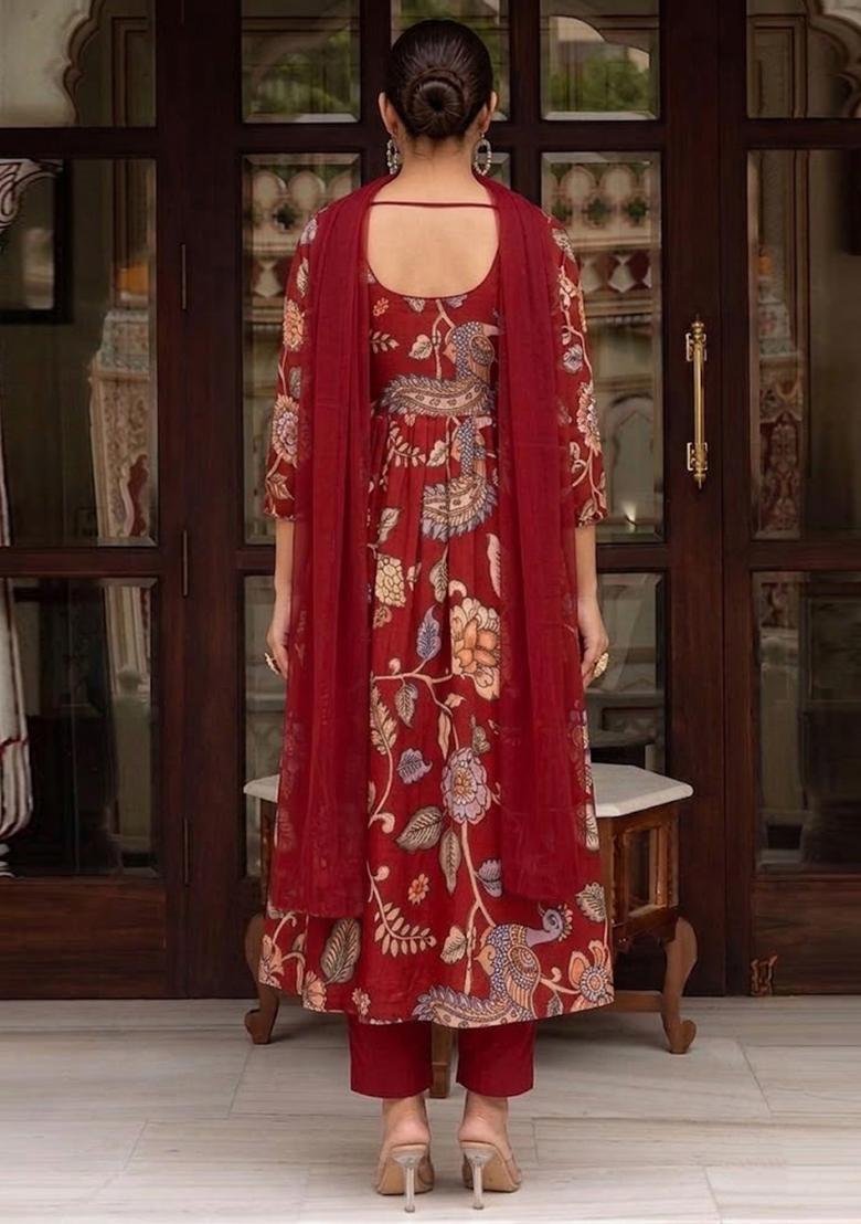 Maroon Printed Silk Blend Kurta Set - Indya