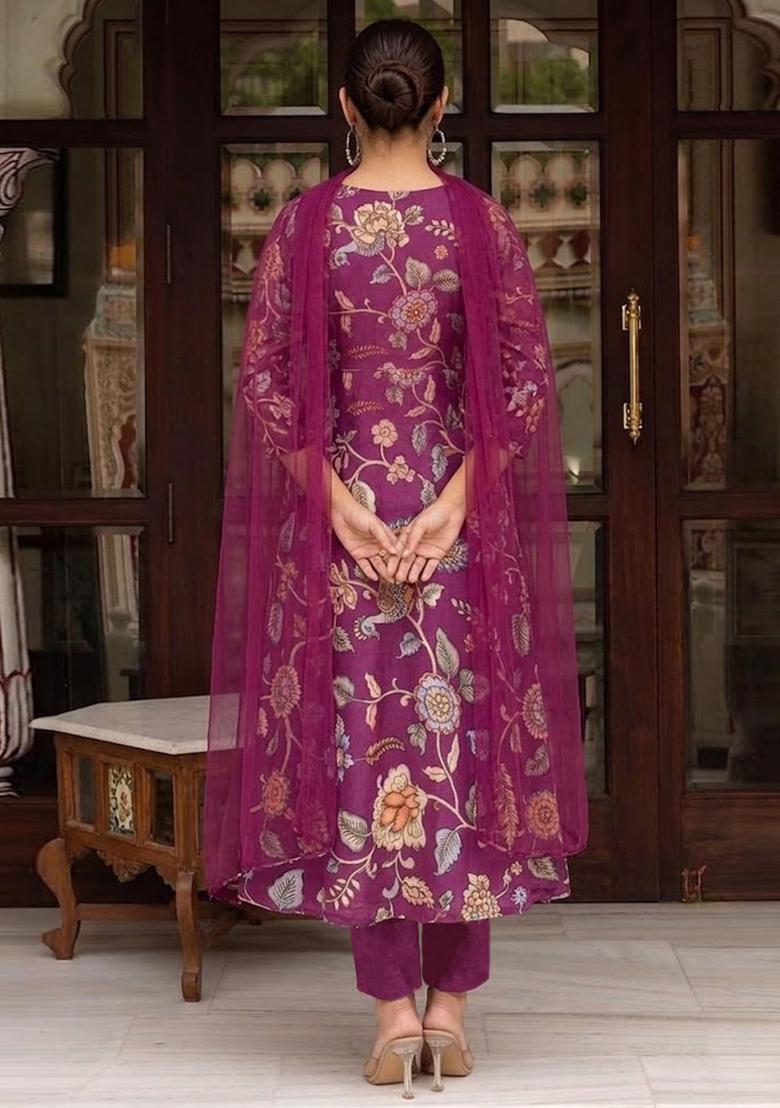 Magenta Pink Printed Silk Blend Kurta Set - Indya