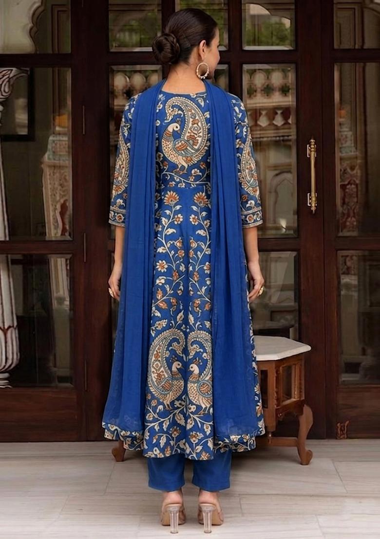 Blue Printed Silk Blend Kurta Set - Indya