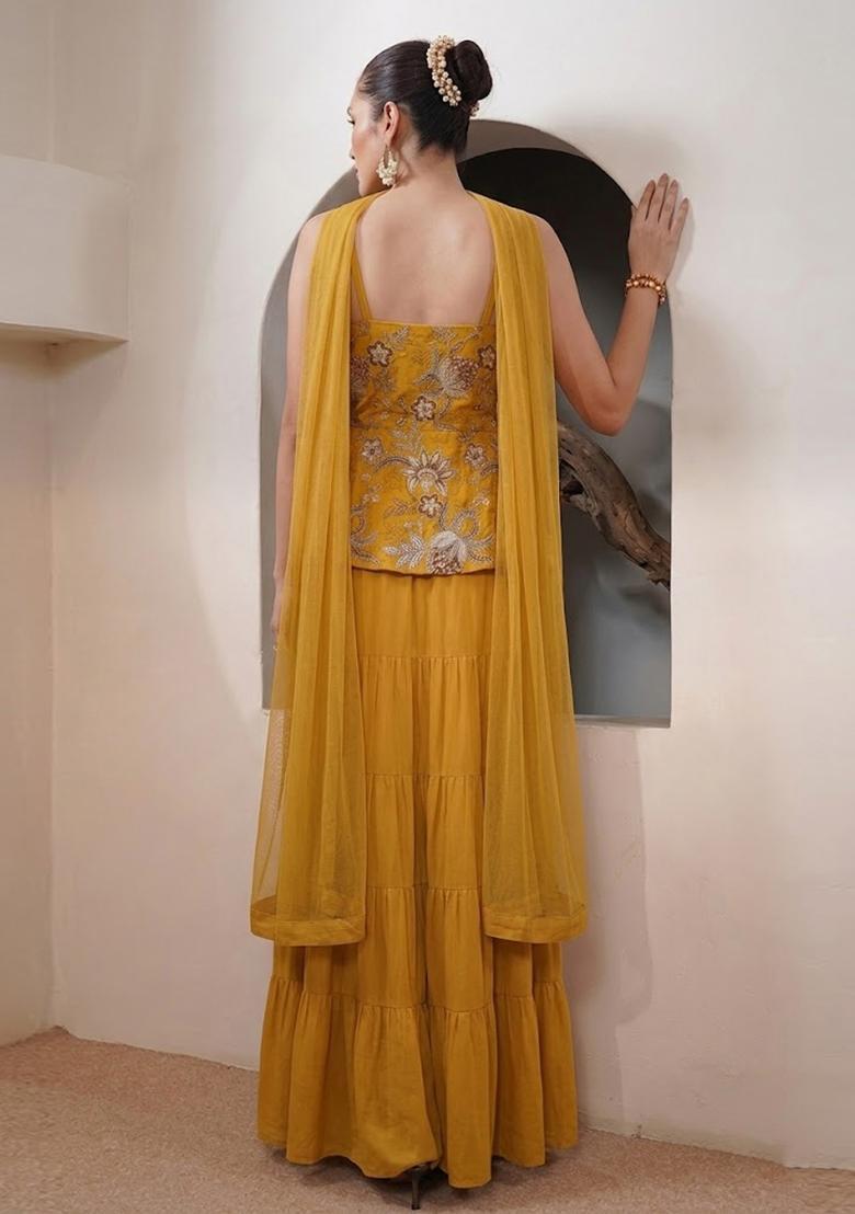 Mustard Printed Organza Sharara Set - Indya