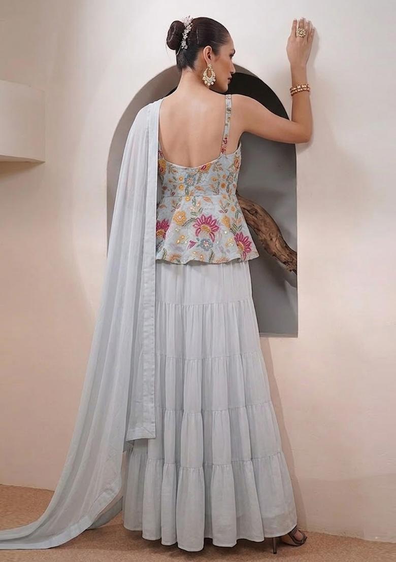 Grey Printed Organza Sharara Set - Indya