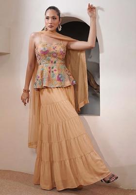 Peach Printed Organza Sharara Set