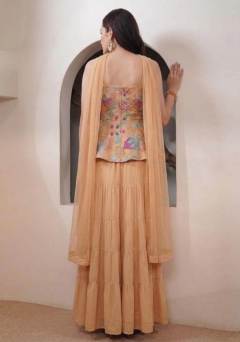 Peach Printed Organza Sharara Set - Indya