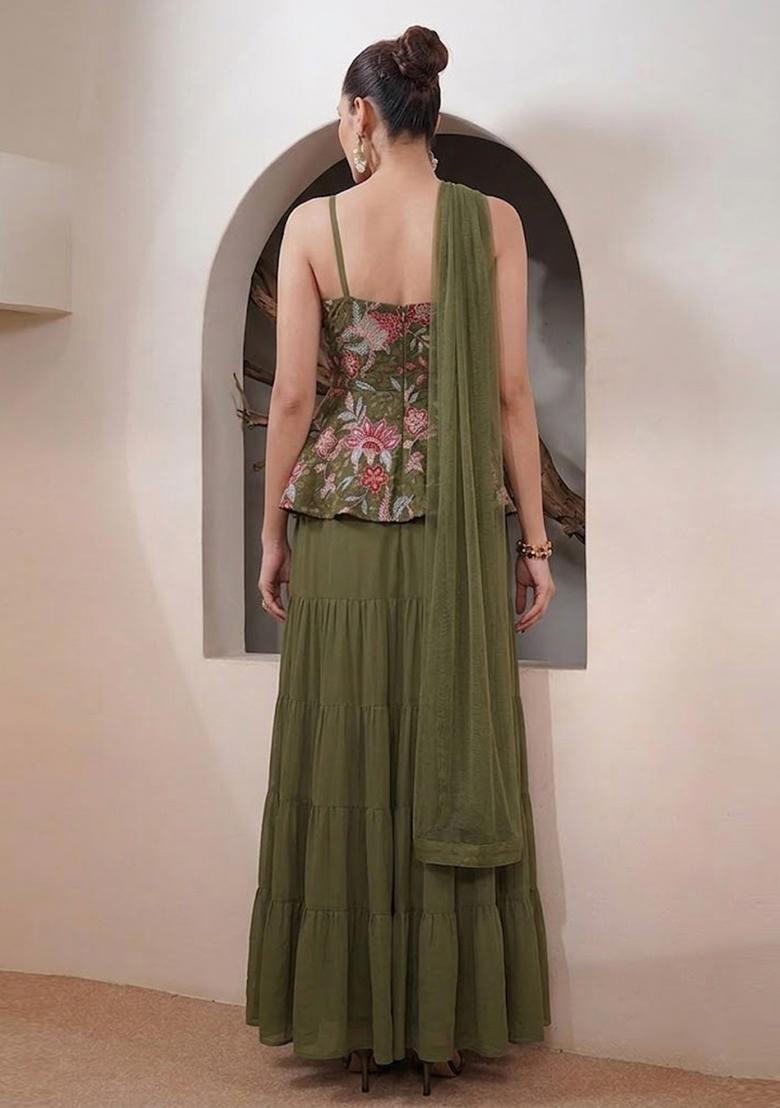 Deep Green Printed Organza Sharara Set - Indya