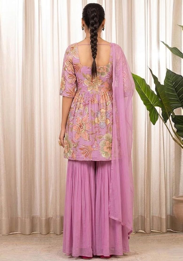 Pink Embroidered Organza Sharara Set - Indya