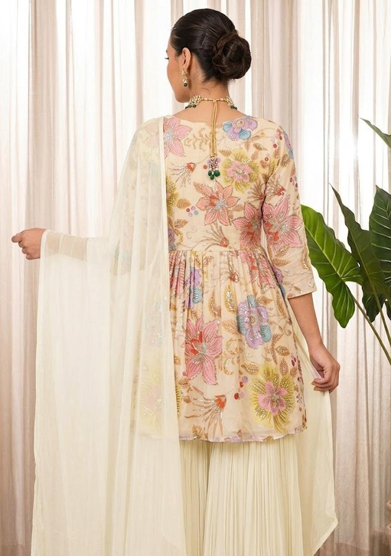 White Embroidered Organza Sharara Set - Indya