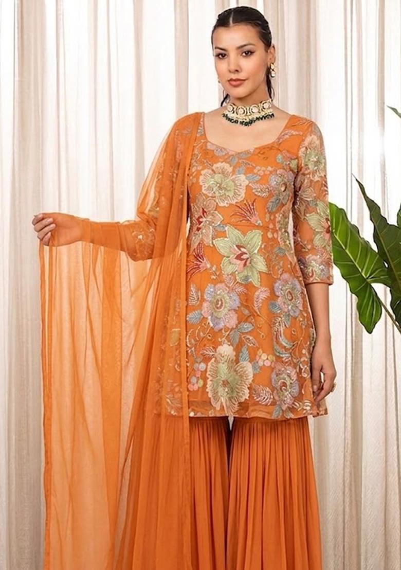 Orange Embroidered Organza Sharara Set - Indya