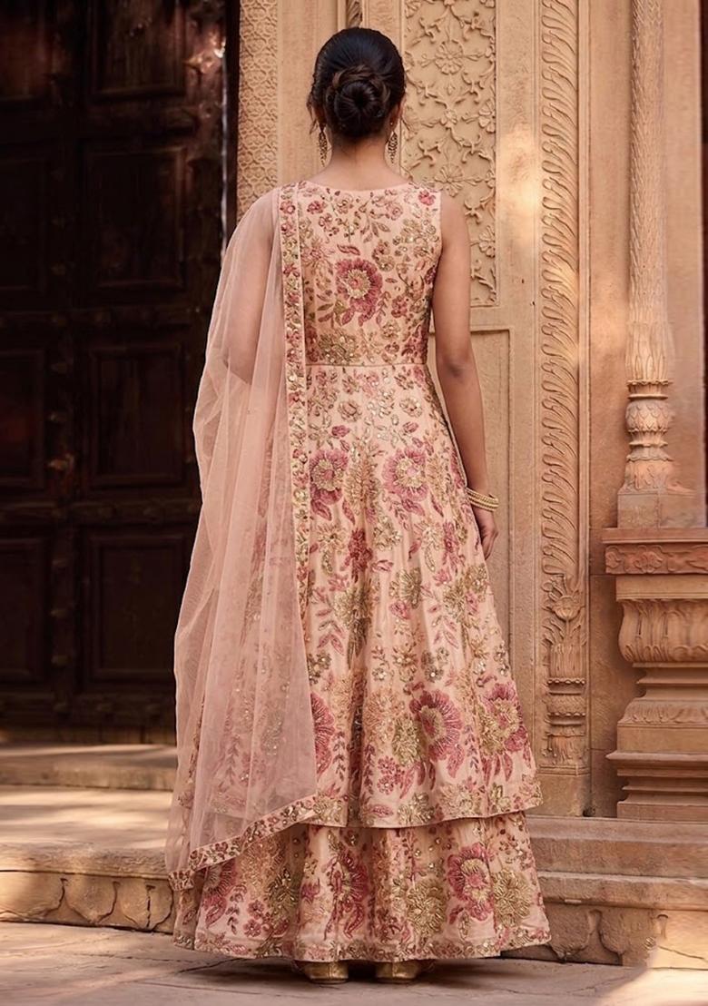 Blush Pink Printed Silk Blend Anarkali Set - Indya