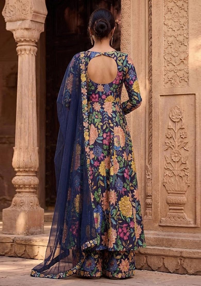 Navy Blue Printed Silk Blend Anarkali Set - Indya
