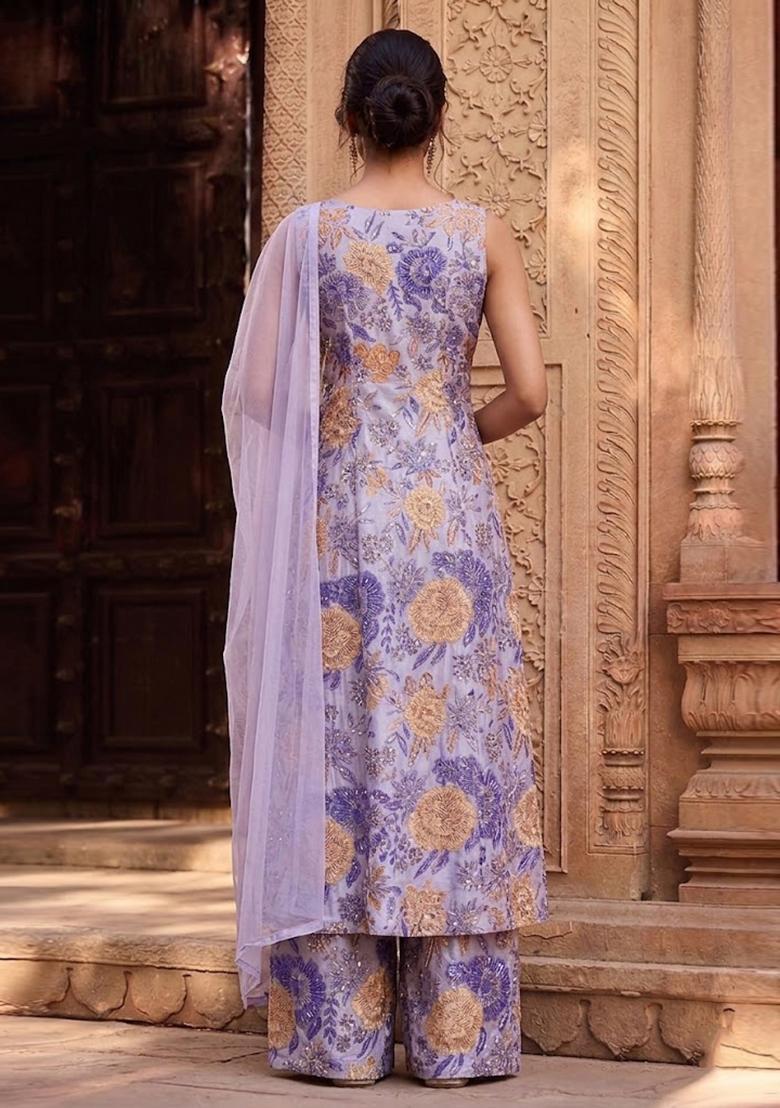 Lavender Purple Printed Silk Blend Anarkali Set - Indya