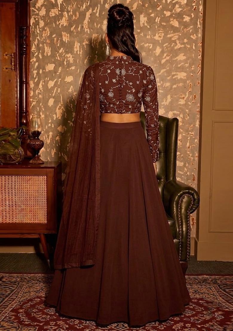 Chocolate Brown Embroidered Silk Blend Lehenga Set - Indya